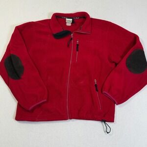 Vtg 90s L.L.Bean Mens M Red Fleece Jacket Full‎ Zip Elbow Patch Outdoor Coat